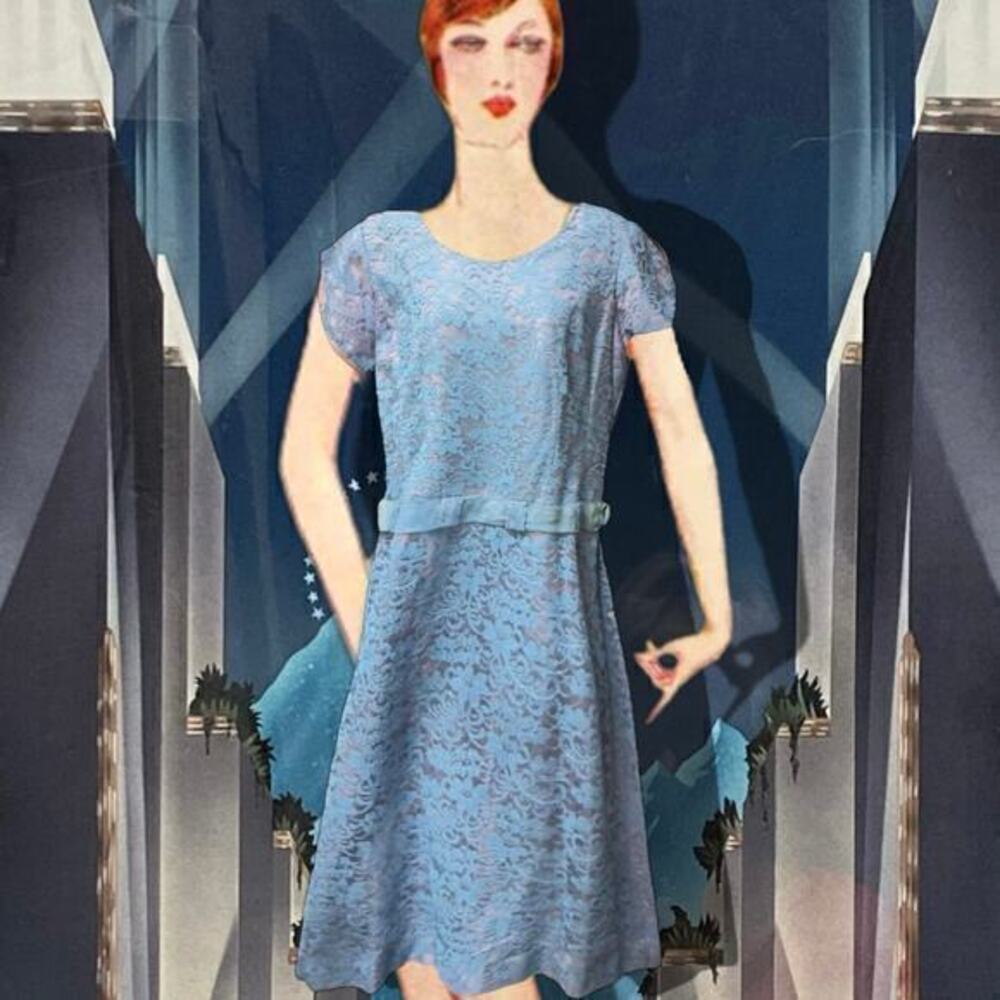 Vintage XL 1950s Periwinkle Purple Lace Flapper Drop Waist Dress Bow Size 12
